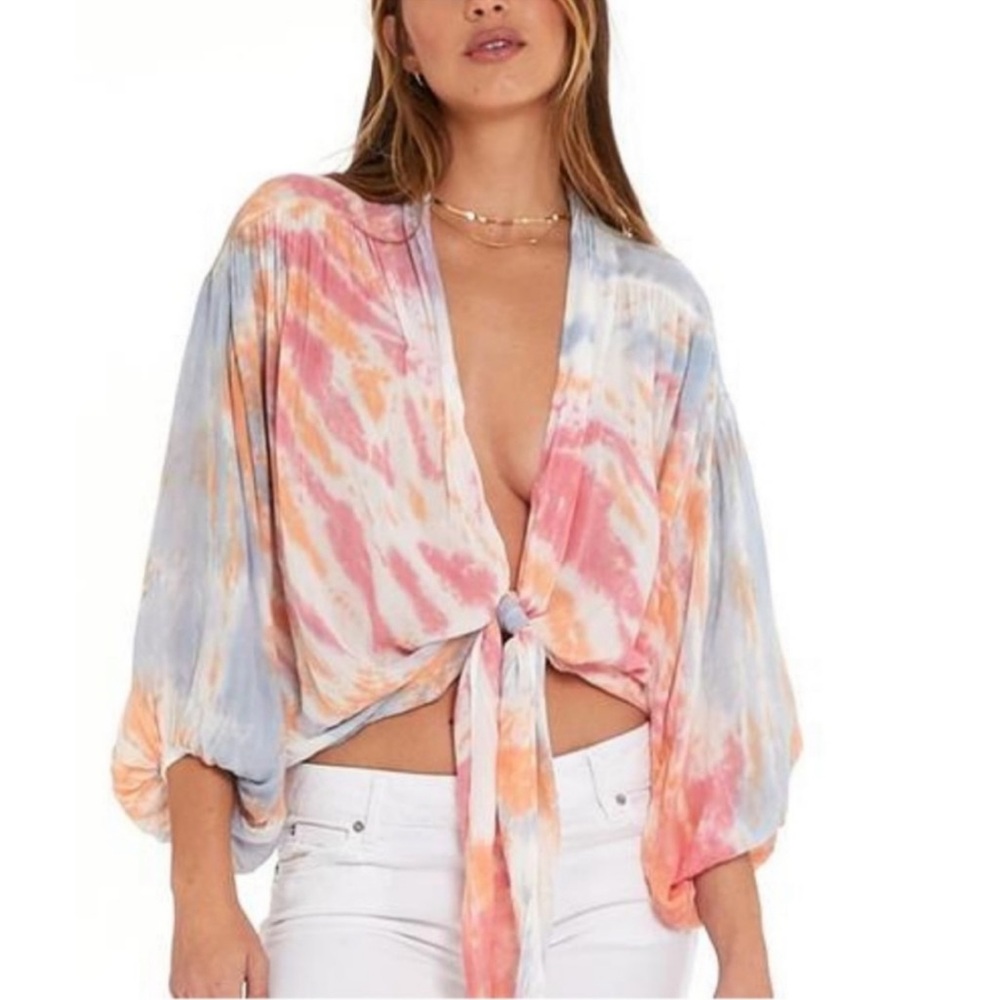 Young Fabulous & Broke Pink & White Tie Front, Carmen Tie Dye Crop Top, Size M